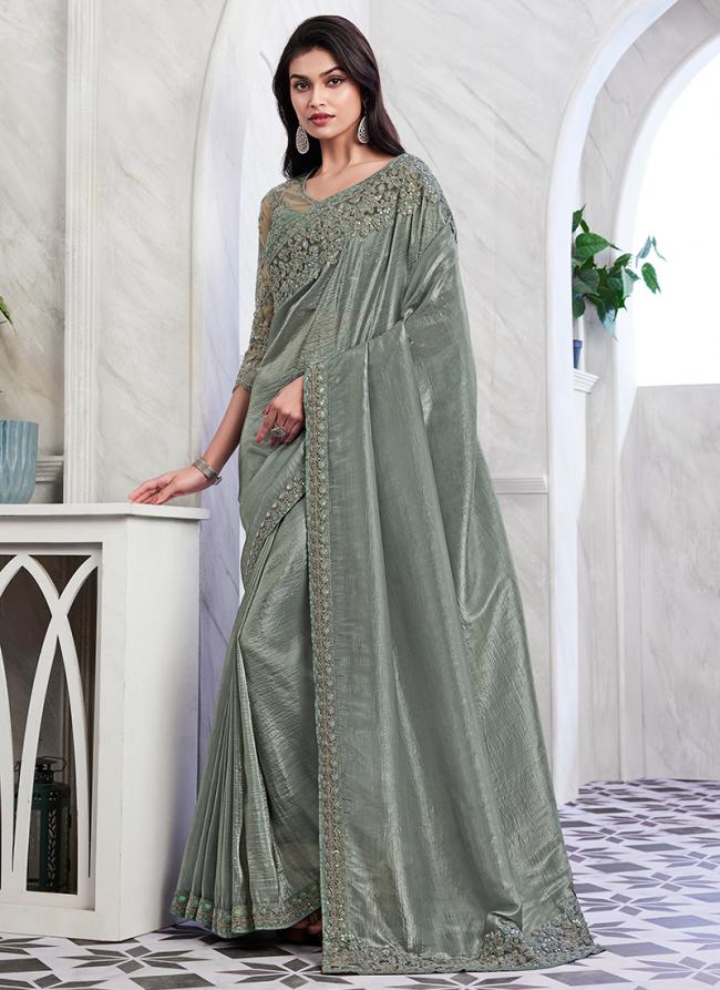 Sim-sim Silk Green Party Wear Embroidery Work Saree